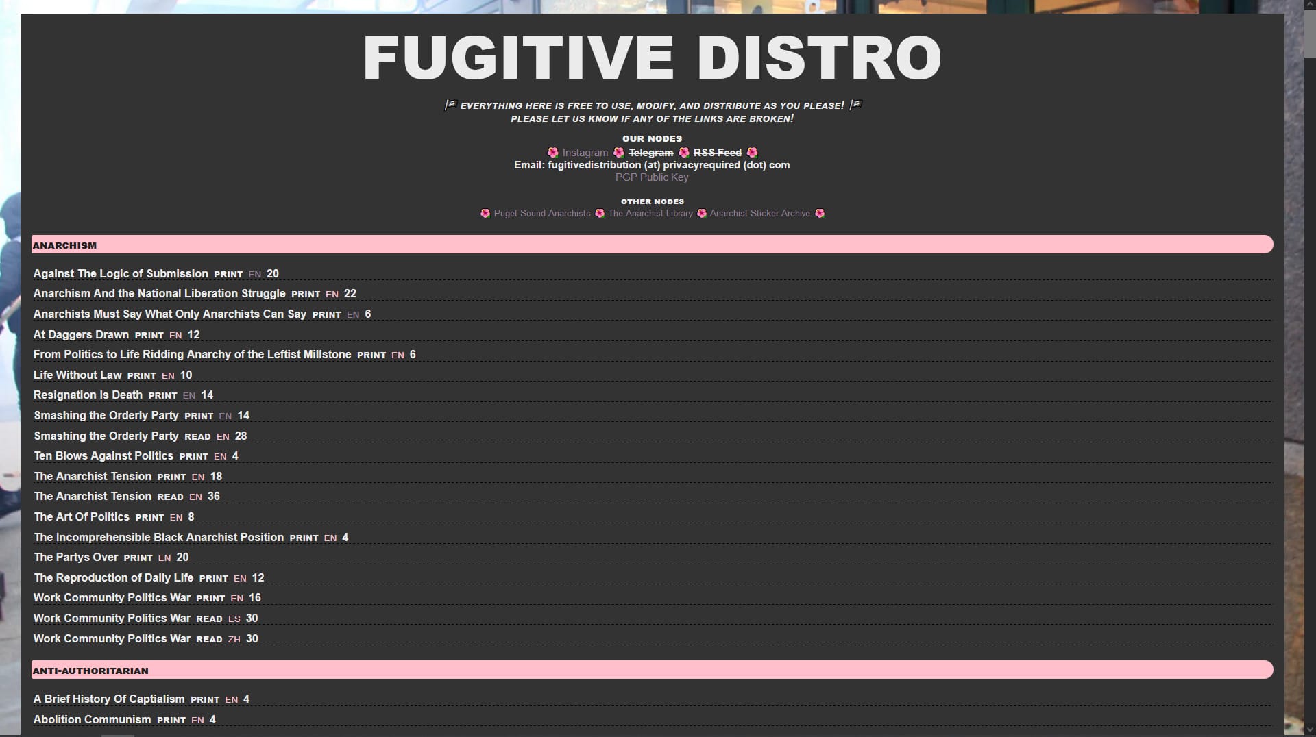 A screenshot of the Fugitive Distro website